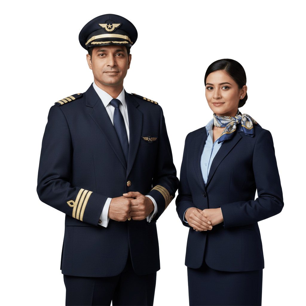Professional Indian Airline Pilot and Cabin Crew in Premium Aviation Uniforms with Rank Insignia