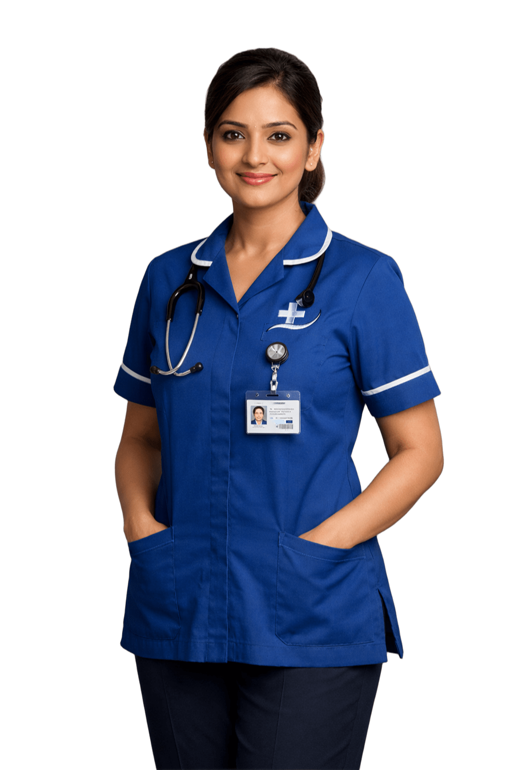 Professional Nurse in Antimicrobial Healthcare Uniform with Hospital ID Badge