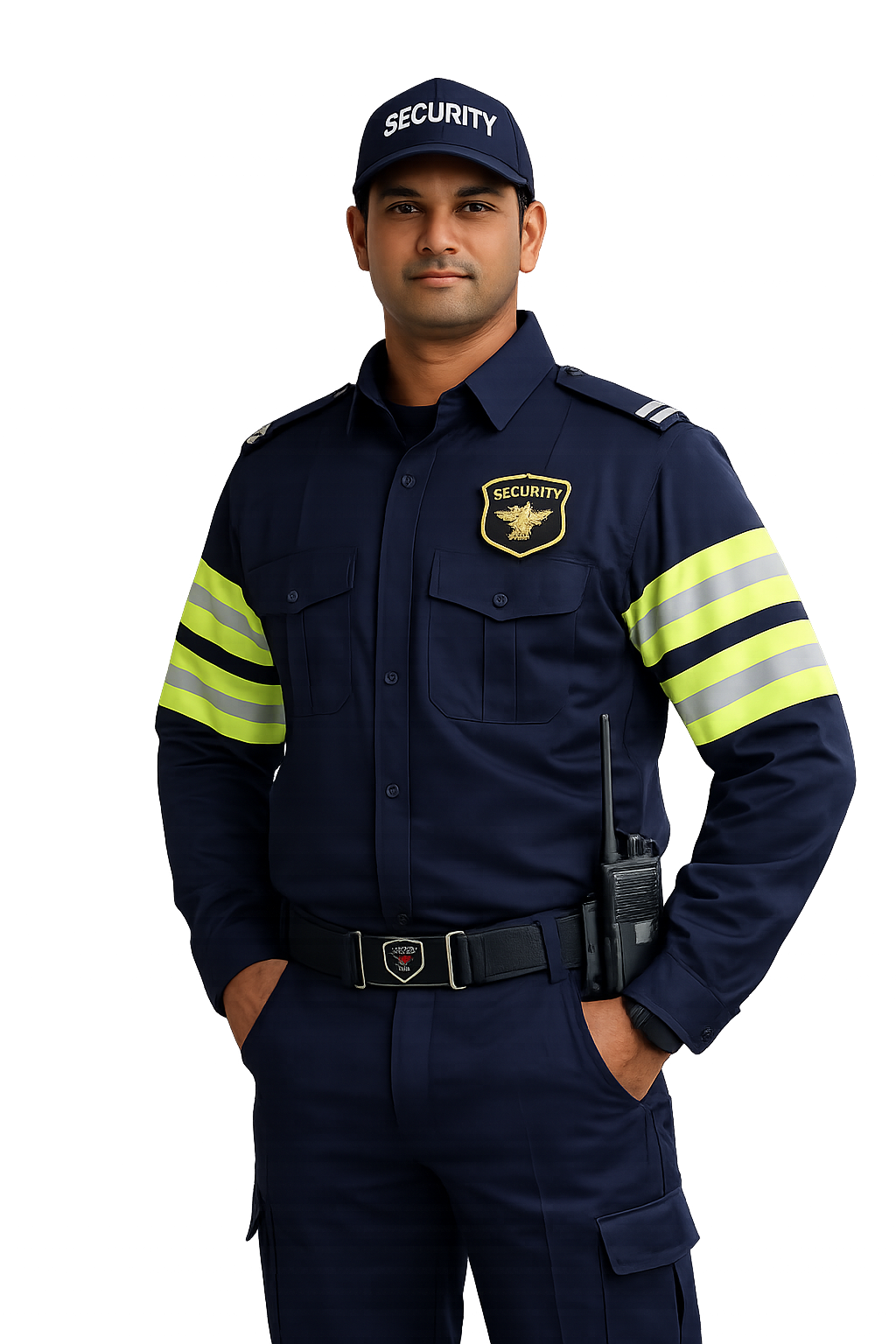 Professional Security Guard in Navy Uniform with Reflective Strips