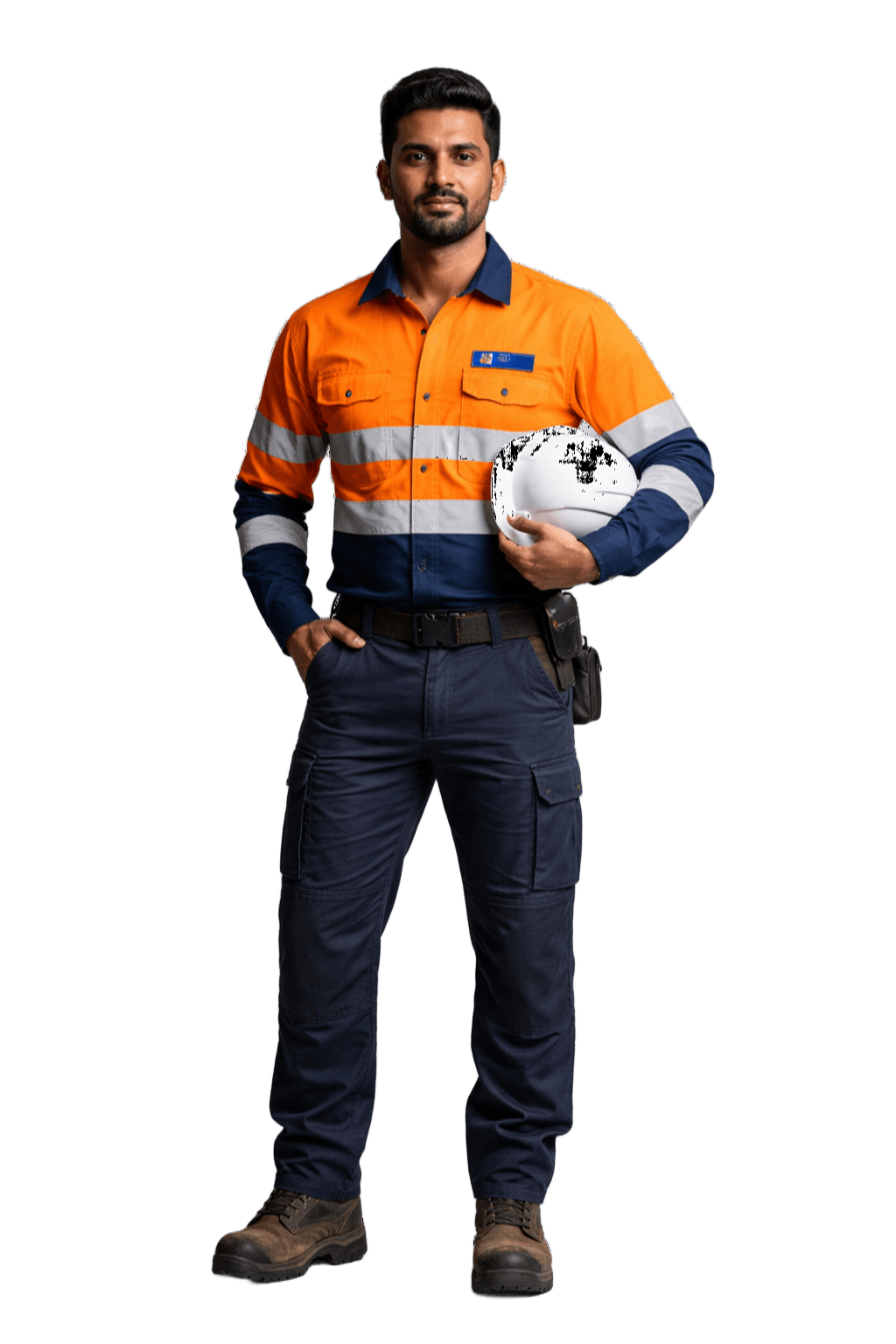Construction Site Worker in Heavy-Duty Hi-Vis Worksite Dress Uniform with Reflective Strips